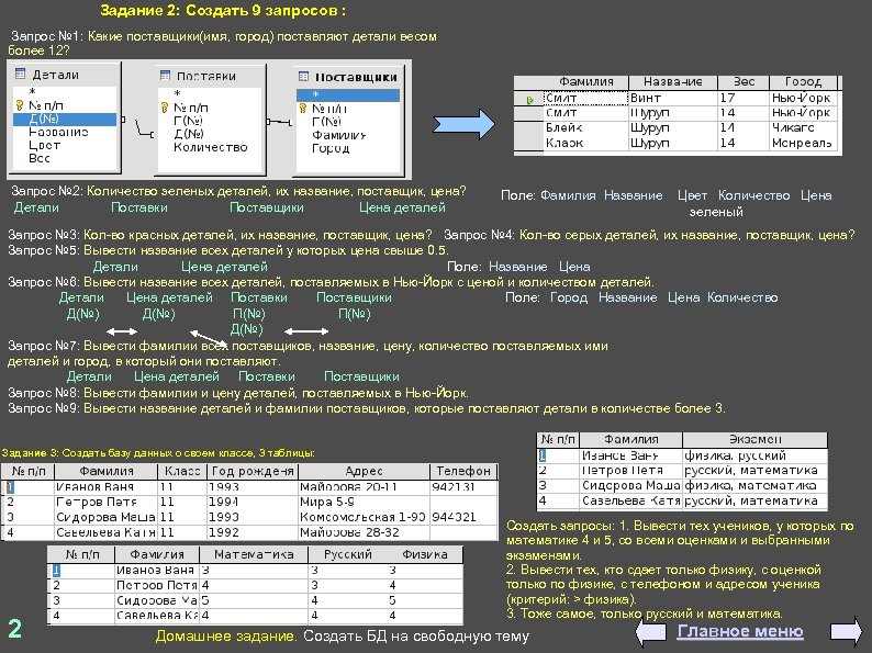 Задание 2: Создать 9 запросов : Запрос № 1: Какие поставщики(имя, город) поставляют детали