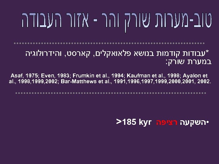  *עבודות קודמות בנושא פלאואקלים, קארסט, והידרולוגיה במערת שורק: Asaf, 1975; Even, 1983; Frumkin