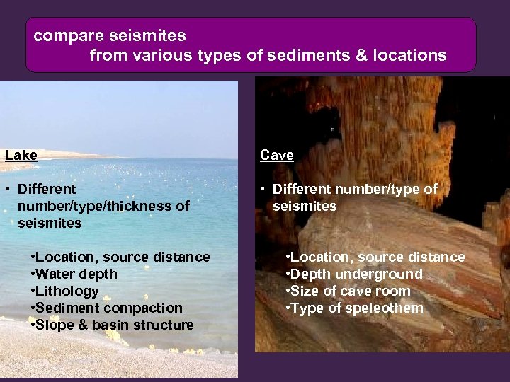 compare seismites from various types of sediments & locations Lake Cave • Different number/type/thickness