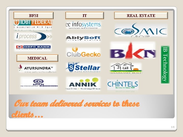 BFSI IT REAL ESTATE MEDICAL Our team delivered services to these clients… 16 