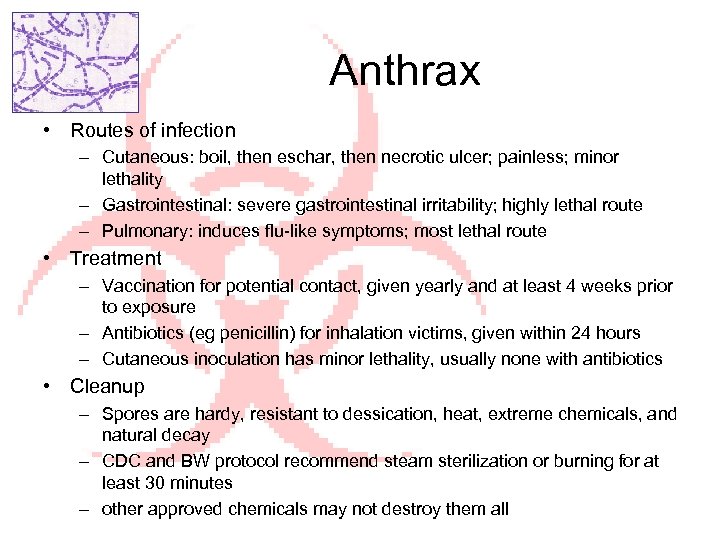 Anthrax • Routes of infection – Cutaneous: boil, then eschar, then necrotic ulcer; painless;