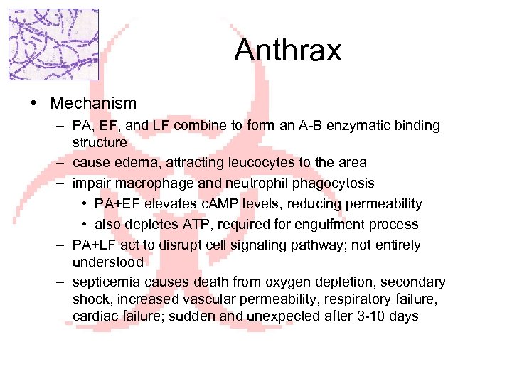 Anthrax • Mechanism – PA, EF, and LF combine to form an A-B enzymatic