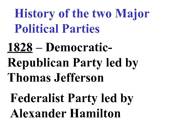 History of the two Major Political Parties 1828 – Democratic. Republican Party led by