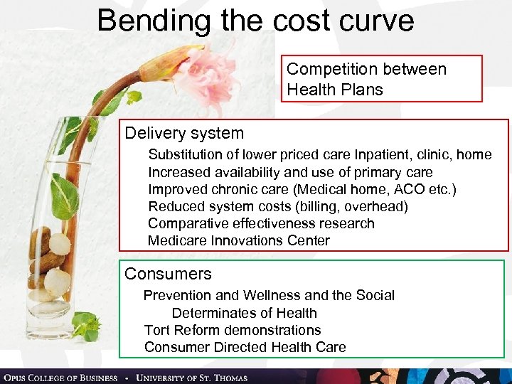 Bending the cost curve Competition between Health Plans Delivery system Substitution of lower priced