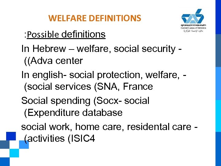 WELFARE DEFINITIONS : Possible definitions In Hebrew – welfare, social security ((Adva center In