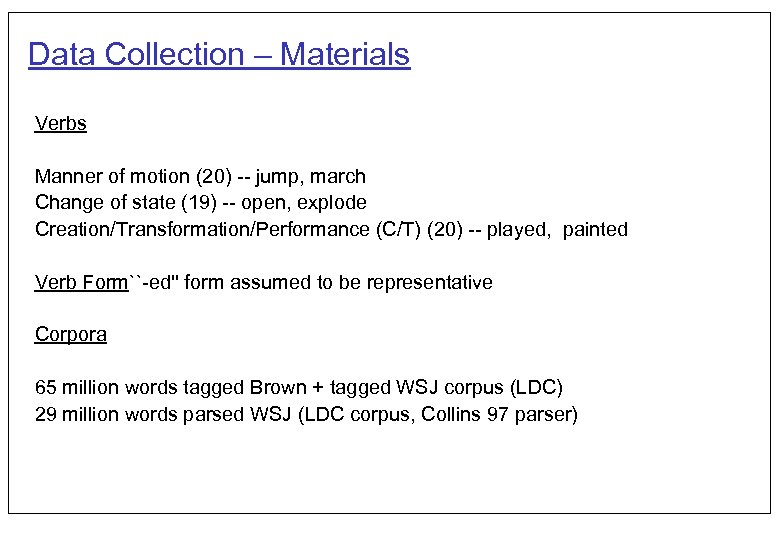 Data Collection – Materials Verbs Manner of motion (20) -- jump, march Change of