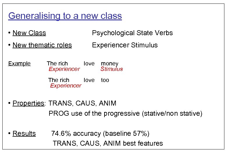 Generalising to a new class • New Class Psychological State Verbs • New thematic