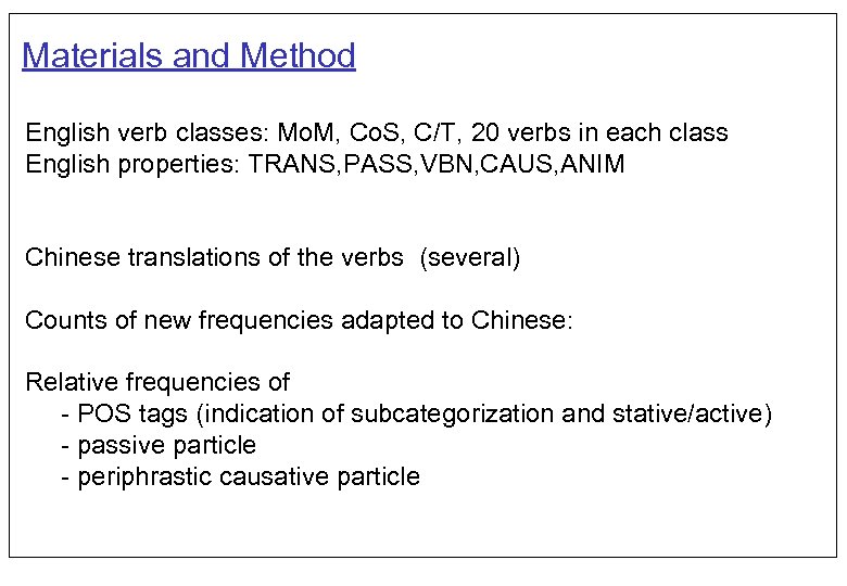 Materials and Method English verb classes: Mo. M, Co. S, C/T, 20 verbs in