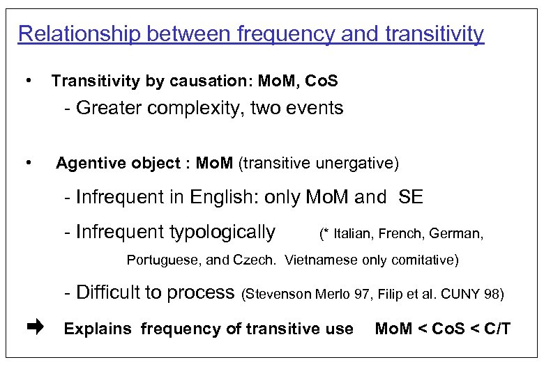 Relationship between frequency and transitivity • Transitivity by causation: Mo. M, Co. S -