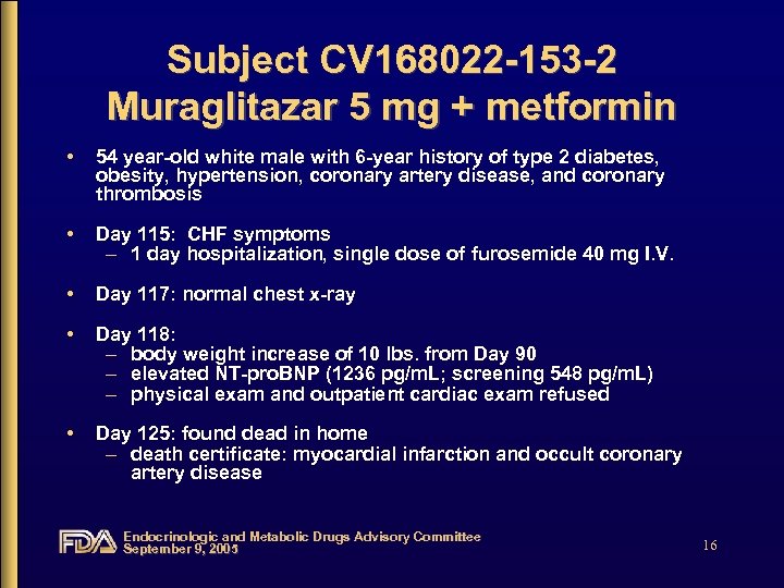 Subject CV 168022 -153 -2 Muraglitazar 5 mg + metformin • 54 year-old white