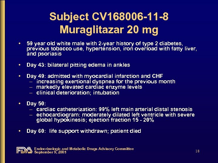 Subject CV 168006 -11 -8 Muraglitazar 20 mg • 59 year old white male