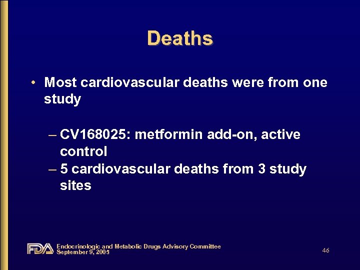 Deaths • Most cardiovascular deaths were from one study – CV 168025: metformin add-on,