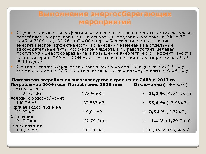 Выполнение энергосберегающих мероприятий С целью повышения эффективности использования энергетических ресурсов, потребляемых организацией, на основании