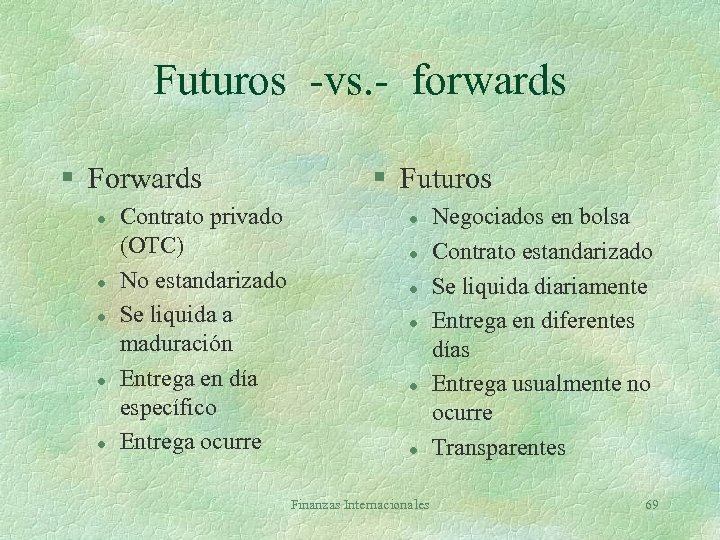 Futuros -vs. - forwards § Forwards l l l Contrato privado (OTC) No estandarizado