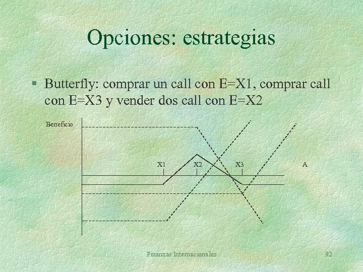 Opciones: estrategias § Butterfly: comprar un call con E=X 1, comprar call con E=X