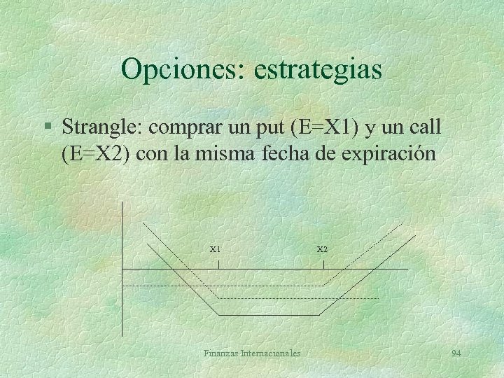 Opciones: estrategias § Strangle: comprar un put (E=X 1) y un call (E=X 2)