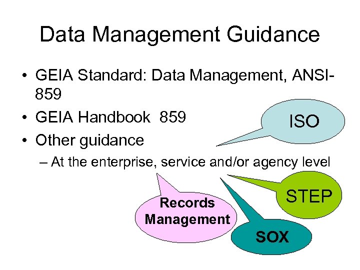 Data Management Guidance • GEIA Standard: Data Management, ANSI 859 • GEIA Handbook 859