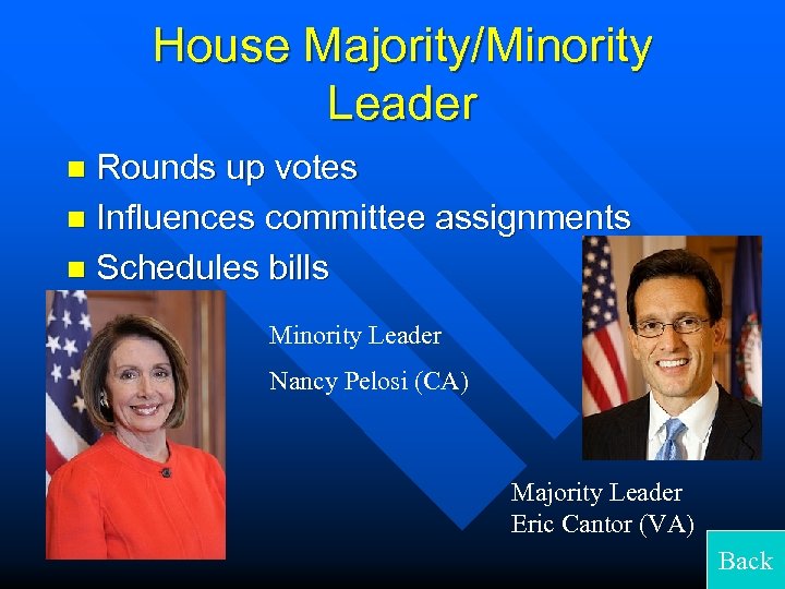 House Majority/Minority Leader Rounds up votes n Influences committee assignments n Schedules bills n
