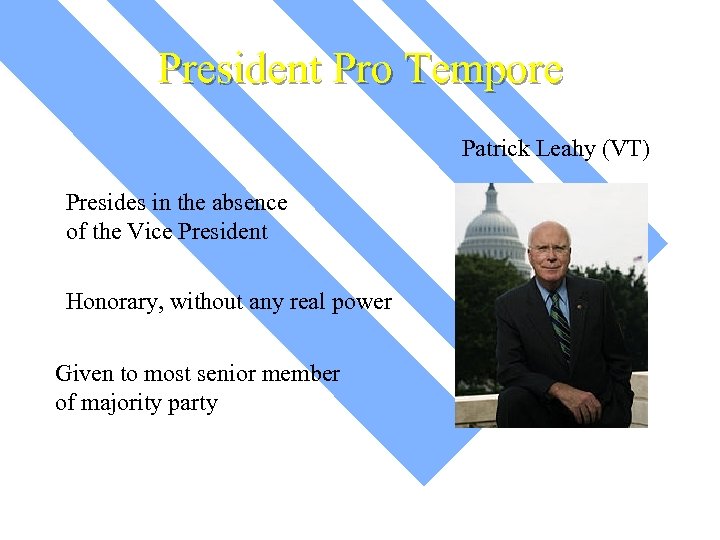 President Pro Tempore Patrick Leahy (VT) Presides in the absence of the Vice President