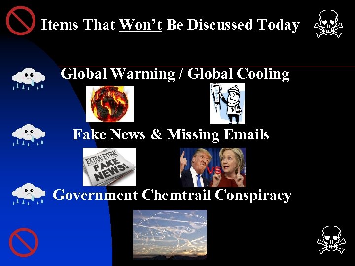 Items That Won’t Be Discussed Today Global Warming / Global Cooling Fake News &