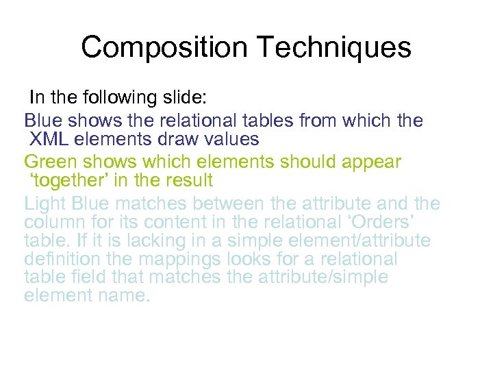 Composition Techniques In the following slide: Blue shows the relational tables from which the