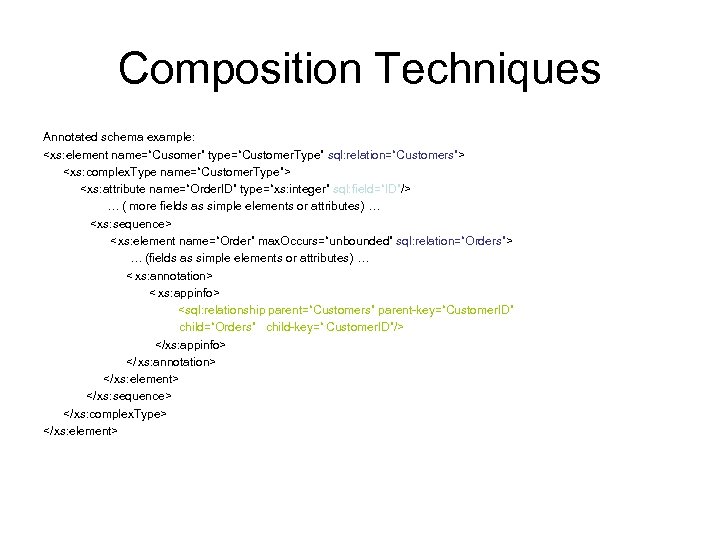 Composition Techniques Annotated schema example: <xs: element name=“Cusomer” type=“Customer. Type” sql: relation=“Customers”> < xs: