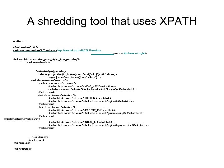 A shredding tool that uses XPATH my. File. xsl: <? xml version=“ 1. 0”?
