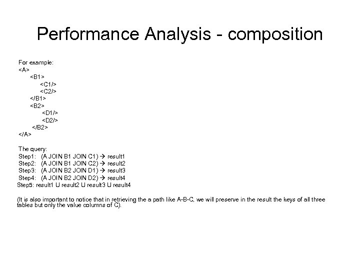 Performance Analysis - composition For example: <A> <B 1> <C 1/> <C 2/> </B