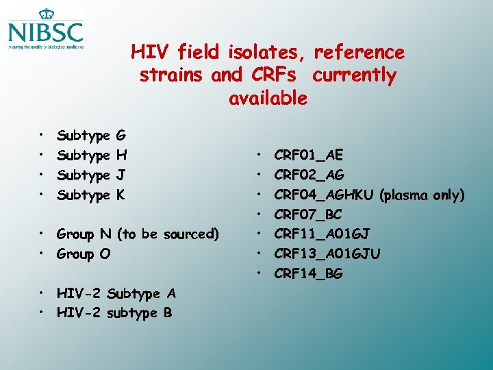 HIV field isolates, reference strains and CRFs currently available • • Subtype G H
