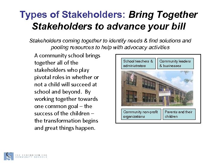 Types of Stakeholders: Bring Together Stakeholders to advance your bill Stakeholders coming together to