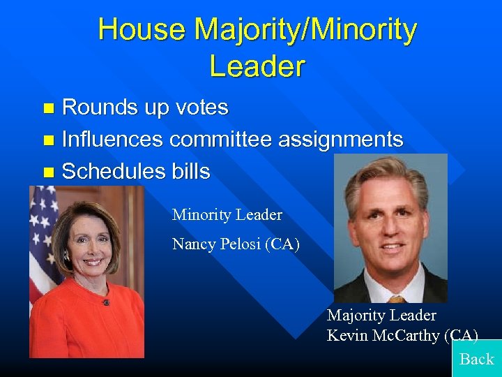 House Majority/Minority Leader Rounds up votes n Influences committee assignments n Schedules bills n