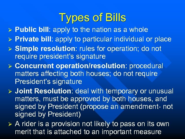 Types of Bills Ø Ø Ø Public bill: apply to the nation as a