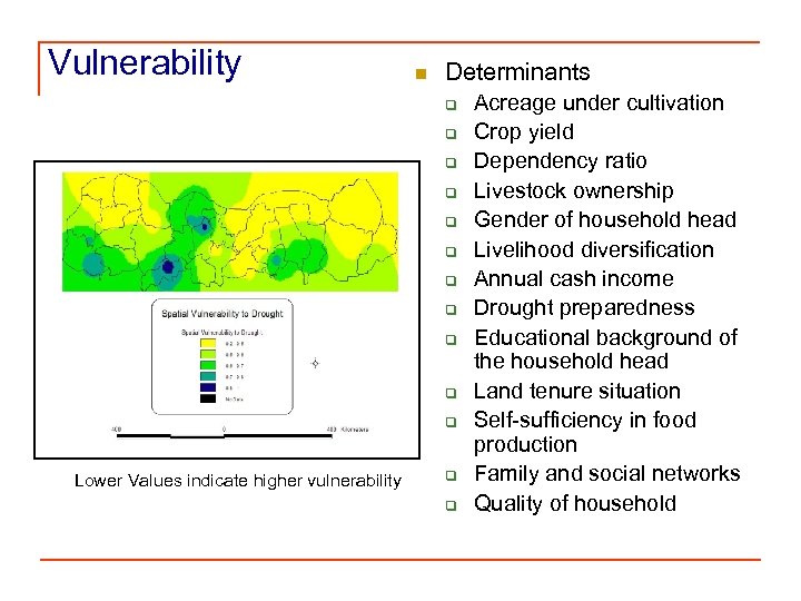 Vulnerability n Determinants q q q Lower Values indicate higher vulnerability q q Acreage