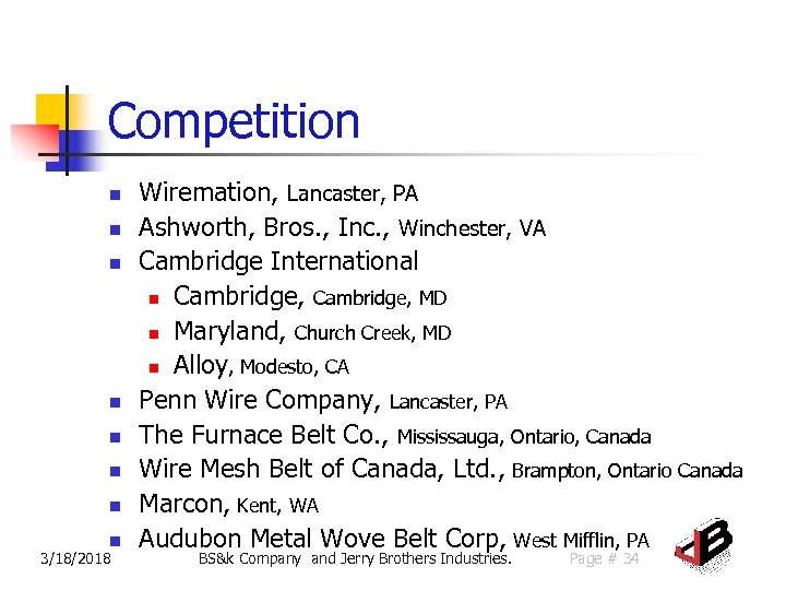 Competition n n n n 3/18/2018 Wiremation, Lancaster, PA Ashworth, Bros. , Inc. ,
