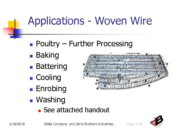 Applications - Woven Wire n n n Poultry – Further Processing Baking Battering Cooling