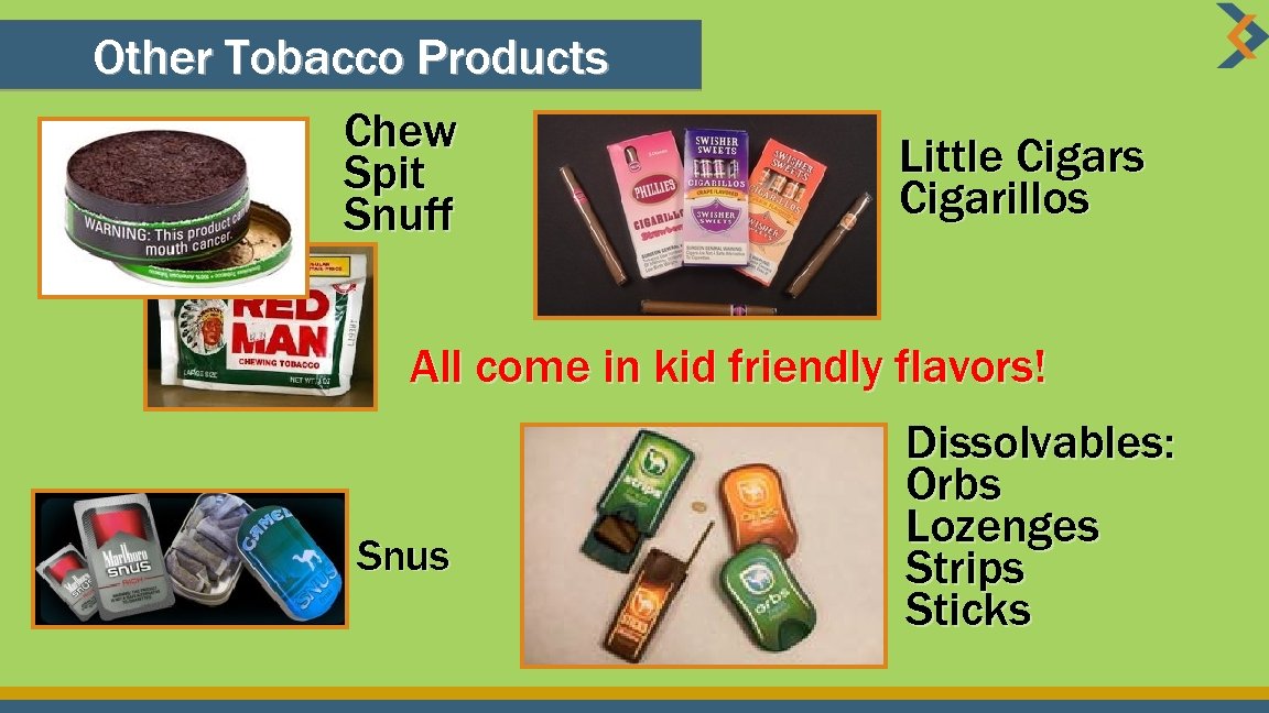 Other Tobacco Products Chew Spit Snuff Little Cigars Cigarillos All come in kid friendly