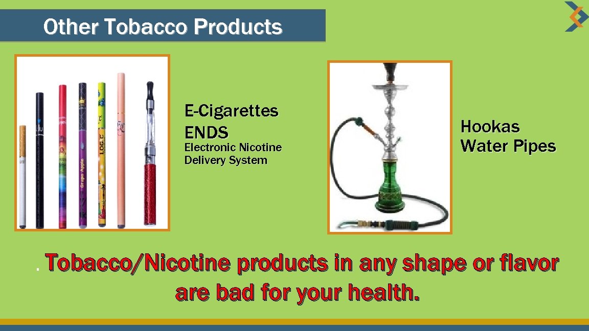 Other Tobacco Products E-Cigarettes ENDS Electronic Nicotine Delivery System Hookas Water Pipes . Tobacco/Nicotine