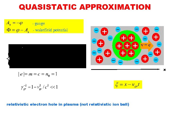 QUASISTATIC APPROXIMATION - gauge - wakefield potential v = c x relativistic electron hole