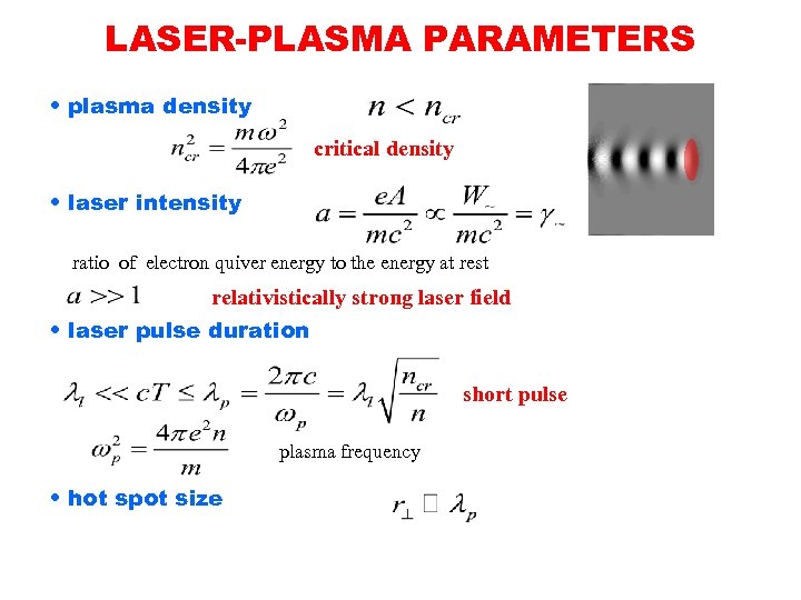LASER-PLASMA PARAMETERS • plasma density critical density • laser intensity ratio of electron quiver
