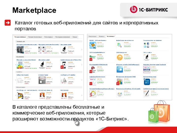 Marketplace Каталог готовых веб-приложений для сайтов и корпоративных порталов В каталоге представлены бесплатные и