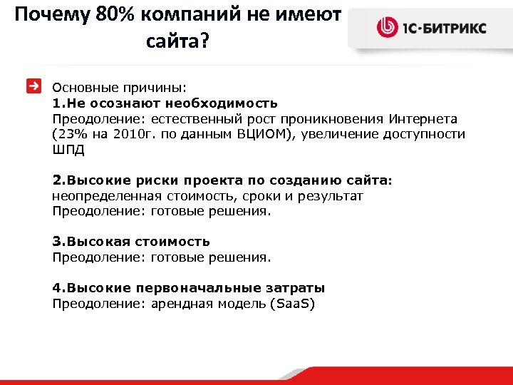 Почему 80% компаний не имеют сайта? Основные причины: 1. Не осознают необходимость Преодоление: естественный