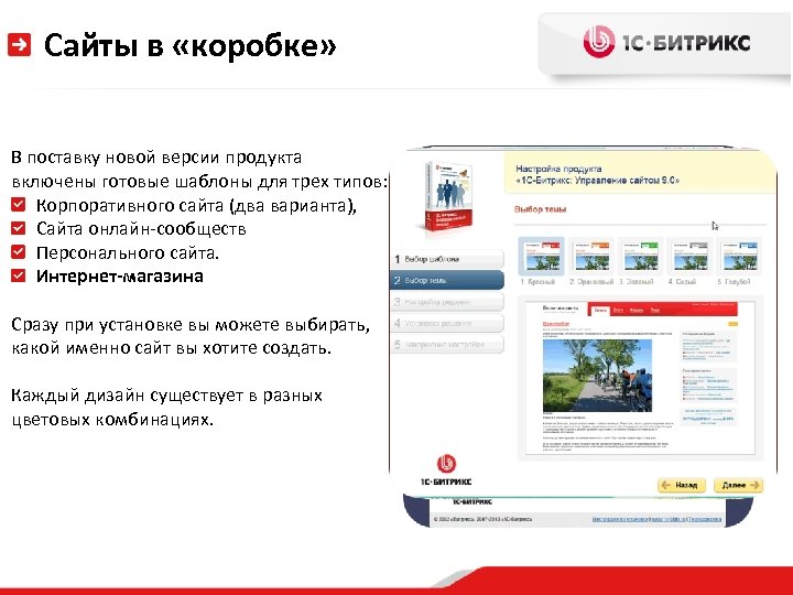 Сайты в «коробке» В поставку новой версии продукта включены готовые шаблоны для трех типов:
