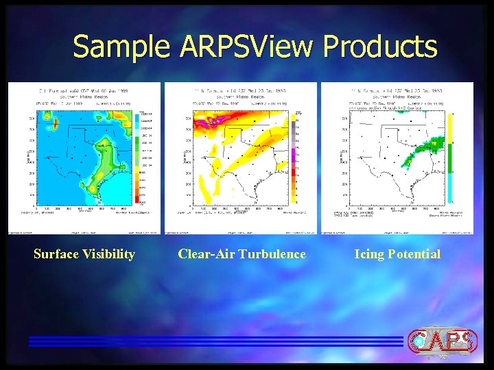 Sample ARPSView Products Surface Visibility Clear-Air Turbulence Icing Potential 