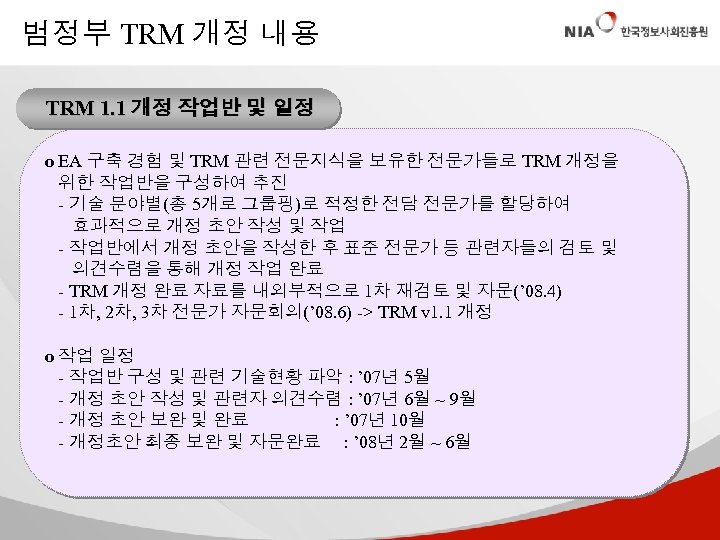 범정부 TRM 개정 내용 TRM 1. 1 개정 작업반 및 일정 o EA 구축