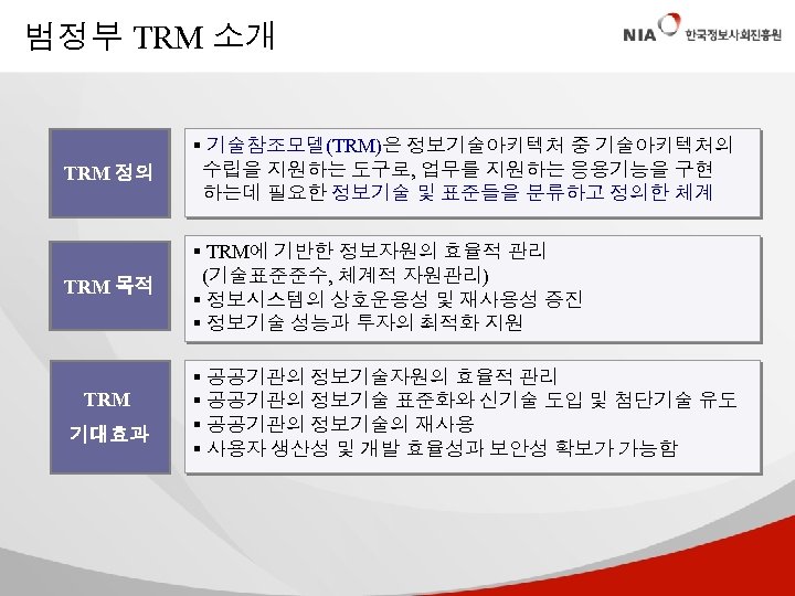 범정부 TRM 소개 TRM 정의 § 기술참조모델(TRM)은 정보기술아키텍처 중 기술아키텍처의 수립을 지원하는 도구로, 업무를