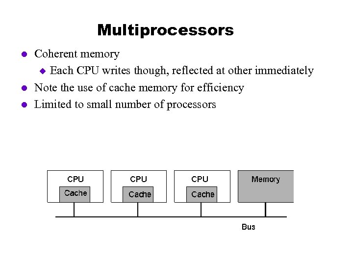 Multiprocessors l l l Coherent memory u Each CPU writes though, reflected at other