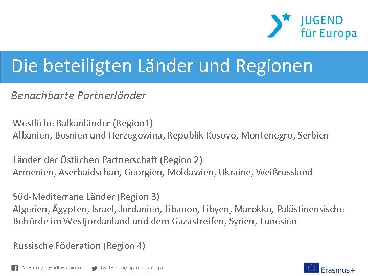 Die beteiligten Länder und Regionen Benachbarte Partnerländer Westliche Balkanländer (Region 1) Albanien, Bosnien und