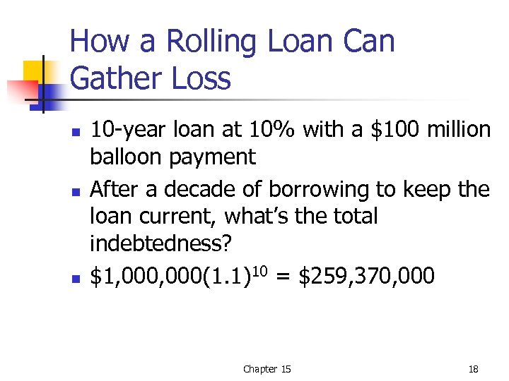 How a Rolling Loan Can Gather Loss n n n 10 -year loan at
