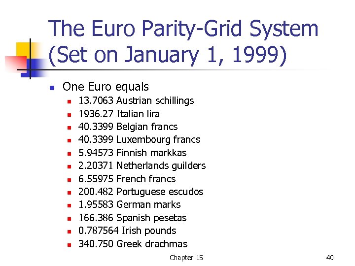 The Euro Parity-Grid System (Set on January 1, 1999) n One Euro equals n