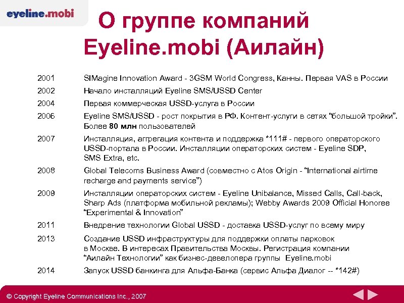 О группе компаний Eyeline. mobi (Аилайн) 2001 SIMagine Innovation Award - 3 GSM World